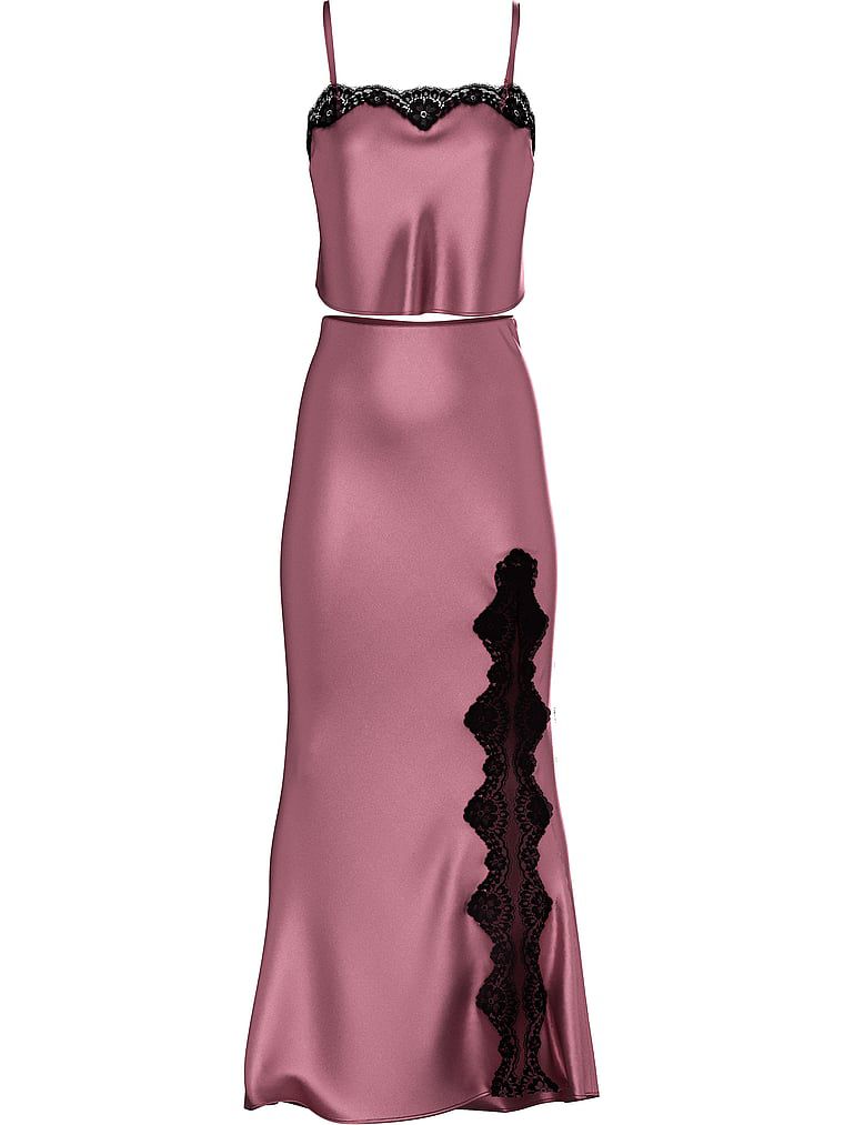 סט חצאית וגופייה סאטן וסיומת תחרה