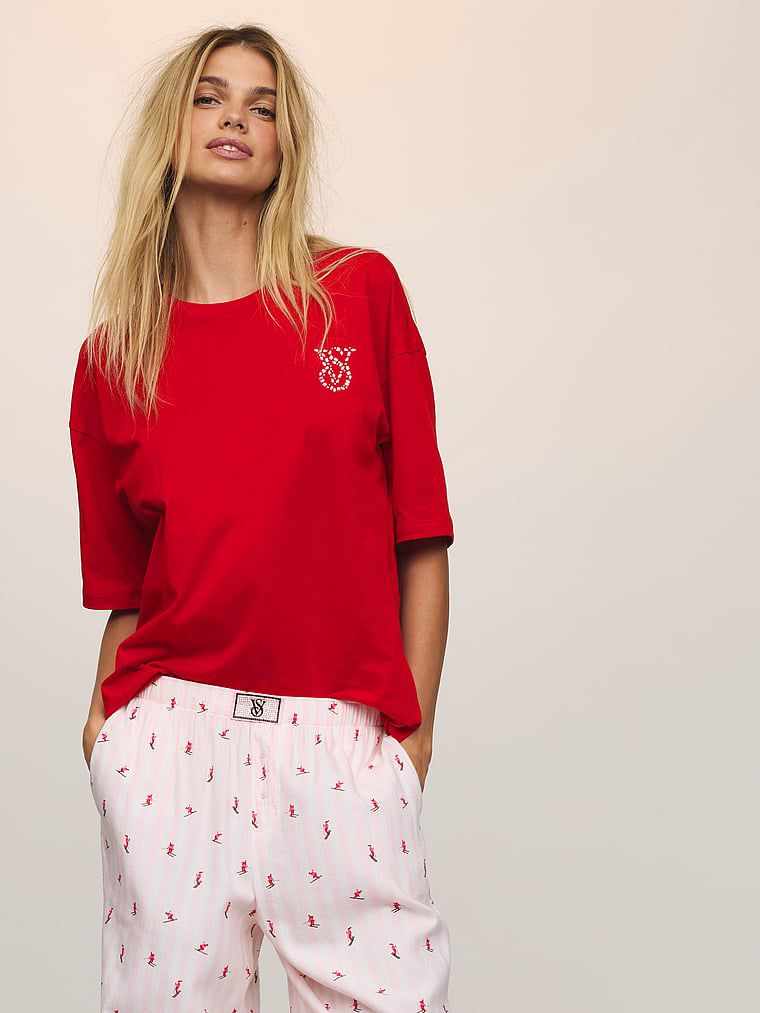 סט טי-ג’מה שרוולים קצרים ומכנס ארוך פלנל