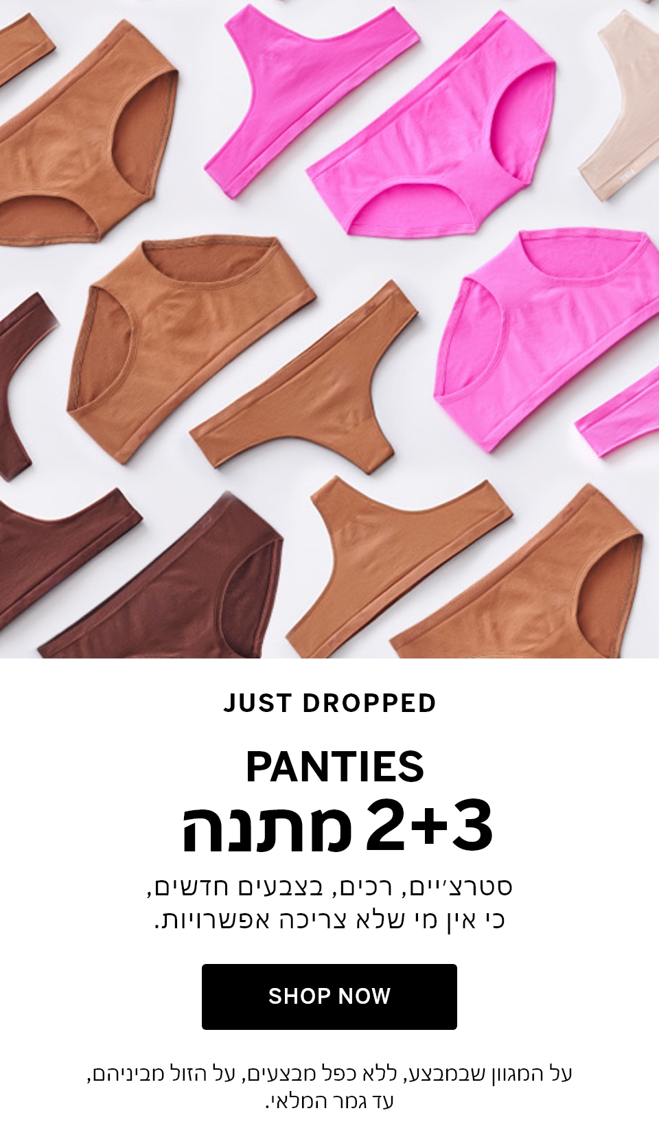 panties 3+2 מתנה. סטרצ'ים, רכים, בצבעים חדשים, כי אין מי שלא צריכה אפשרויות. על המגוון שבמבצע, ללא כפל מבצעים, על הזול מבינהם, עד גמר המלאי קנה עכשיו.